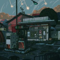 Rule 34 | animated, animated gif, antennae, artist name, blue sky, crack, day, gas pump, gas station, highres, lamppost, no humans, original, outdoors, pixel art, puddle, road, scenery, shooting star, sky, waneella
