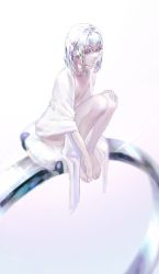 Rule 34 | 1other, androgynous, bed sheet, colored eyelashes, crystal hair, diamond (houseki no kuni), eyelashes, gem, ghost to human, hand on own knee, highres, houseki no kuni, jewelry, knees up, naked sheet, nude, pale skin, ring, short hair, sitting, sitting on pillow, solo, thick eyebrows