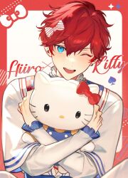 Rule 34 | 1boy, aleo, amagi hiiro, aqua eyes, bow, character name, cherished cutie (ensemble stars!), commentary, earrings, english commentary, ensemble stars!, facial mark, hair bow, hello kitty, hello kitty (character), highres, hoop earrings, hugging object, jewelry, long sleeves, looking at viewer, male focus, official alternate costume, one eye closed, open mouth, red bow, red hair, sanrio, short hair, solo, spade (shape), striped, striped bow, teeth, upper body, upper teeth only, whisker markings