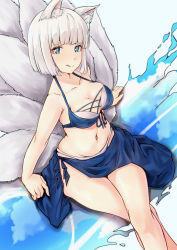 Rule 34 | 1girl, absurdres, animal ear fluff, animal ears, azur lane, bikini, blue background, blue eyes, blunt bangs, breasts, cleavage, collarbone, feet out of frame, fox ears, fox tail, groin, highres, kaga (azur lane), kaga (everlasting killing stone) (azur lane), kashikomo (nykr6512), licking lips, looking at viewer, medium breasts, navel, short hair, simple background, sitting, solo, swimsuit, tail, tongue, tongue out, white hair