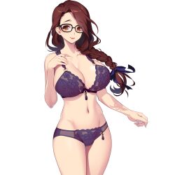 Rule 34 | 1girl, :&gt;, arm at side, black-framed eyewear, bra, braid, breasts, brown hair, cleavage, closed mouth, eyebrows hidden by hair, female focus, game cg, glasses, groin, hand on own chest, hand up, highres, huge breasts, kurihara shizuru, legs, light smile, long hair, looking at viewer, navel, orange eyes, original, panties, saimin datsujo 3, simple background, single braid, smile, solo, standing, tachi-e, thighs, transparent background, underwear, underwear only, yoshino keiko