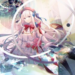 Rule 34 | 1girl, arcaea, beret, black eyes, bow, commentary request, dress, english text, expressionless, feet out of frame, flower, hair ornament, hair ribbon, hat, highres, hikari (arcaea), hikari (fracture) (arcaea), juliet sleeves, long bangs, long hair, long sleeves, looking at viewer, neck ribbon, parted lips, puffy sleeves, red flower, red hat, red ribbon, ribbon, shadow, shirt, solo, standing, very long hair, white dress, white hair, white shirt, yukkering (yukke)
