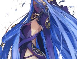 Rule 34 | 1girl, azura (fire emblem), back, backless outfit, bad id, bad twitter id, blue hair, dancing, detached sleeves, dress, fingerless gloves, fire emblem, fire emblem fates, fire emblem heroes, from side, gloves, jewelry, kohiu, long hair, music, necklace, nintendo, open mouth, purple dress, shaded face, singing, solo, veil, very long hair, water, water drop