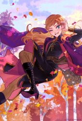 Rule 34 | 1girl, anna (frozen), autumn leaves, biting own lip, black footwear, black tunic, blue eyes, boots, brown bag, brown pants, brown sash, cape, day, falling leaves, floating, frozen (disney), high heel boots, high heels, knee boots, leaf, levitation, long hair, looking at viewer, one eye closed, orange hair, outdoors, pants, purple cape, seoyeon, solo, tree, waist sash