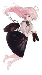 Rule 34 | 1girl, absurdres, bag, barefoot, black skirt, highres, long hair, mormormorp, one eye closed, original, pink hair, shirt, shoes, simple background, skirt, smile, solo, unworn shoes, watch, white background, white shirt