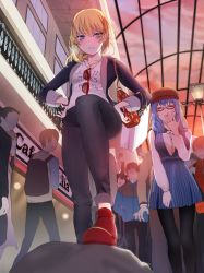 Rule 34 | 10s, 2girls, 6+boys, absurdres, battle girl high school, black jacket, black legwear, blonde hair, blue dress, blue eyes, blush, bracelet, clenched teeth, clothes writing, cloud, collarbone, crowd, dress, evening, faceless, faceless male, femdom, from below, glasses, hands on own hips, highres, jacket, jewelry, kougami kanon, kunieda shiho, leg up, long sleeves, looking down, multiple boys, multiple girls, necklace, open clothes, open jacket, open mouth, orange sky, pantyhose, ravejaeger, red-framed eyewear, red footwear, shoes, short hair, sky, solo focus, standing, stomping, sunglasses, sweatdrop, teeth, window