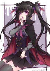 Rule 34 | 1girl, absurdres, artist name, bat hair ornament, black hair, black thighhighs, blood, blood from mouth, bow, cape, crescent, crescent earrings, dated, earrings, fang, frills, hair ornament, hair ribbon, hand on own cheek, hand on own face, highres, jewelry, kiraki, long hair, long sleeves, looking at viewer, open mouth, pink bow, pointy ears, red eyes, ribbon, senki zesshou symphogear, sitting, skirt, solo, star (symbol), teeth, thighhighs, tongue, tongue out, tsukuyomi shirabe, twintails, twintails day, vampire, zettai ryouiki