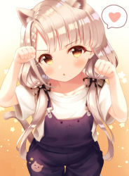 Rule 34 | 1girl, :o, absurdres, animal ears, arm up, black ribbon, blush, braid, braided bangs, brown background, brown eyes, brown hair, cat ears, cat girl, cat tail, collarbone, commentary request, gradient background, hair over shoulder, hair ribbon, hand up, heart, highres, hisakawa nagi, idolmaster, idolmaster cinderella girls, kemonomimi mode, low twintails, overalls, parted lips, paw pose, ribbon, shirt, short sleeves, solo, spoken heart, star (symbol), starry background, tail, twintails, white background, white shirt, yata (yatao zzz)