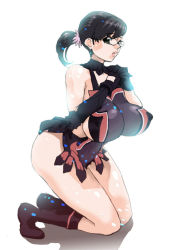 Rule 34 | 1girl, apron, black hair, boots, breasts, cattleya (queen&#039;s blade), cattleya (queen's blade), covered erect nipples, detached collar, flower, full body, glasses, hair flower, hair ornament, housewife, huge breasts, impossible clothes, interlocked fingers, kneeling, long hair, low ponytail, mature female, musyasabu, naked apron, open mouth, ponytail, queen&#039;s blade, sideboob, simple background, solo, thighs, weapon merchant cattleya