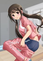 Rule 34 | 1girl, artist request, ass, back, black hair, blush, boyshort panties, breasts, brown eyes, clenched hands, clothes pull, collarbone, embarrassed, eyelashes, feet up, female focus, from behind, idol, idolmaster, idolmaster cinderella girls, indoors, jacket, legs, light blush, locker, locker room, long hair, long twintails, looking at viewer, looking back, low twintails, multiple views, nakano yuka, namco, neck, open clothes, open jacket, pants, pants pull, pink jacket, pink pants, pov, shiny clothes, shiny skin, shoes, short sleeves, shy, sidelocks, small breasts, sneakers, standing, standing on one leg, thighs, track jacket, track pants, track suit, turnaround, twintails, underwear, undressing, very long hair, white footwear