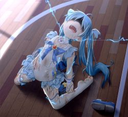 Rule 34 | 1girl, ahoge, blood, blue hair, bow, bruise, cable, commentary request, detached collar, electricity, feet, female focus, fingerless gloves, flat chest, frills, full body, gloves, hair bow, hair ribbon, haragon, highres, injury, kneeling, long hair, magical girl, open mouth, original, ribbon, ryona, shoes, unworn shoes, sleeveless, solo, strangling, sweat, thighhighs, toes, torn clothes, twintails, white gloves, white thighhighs, wooden floor
