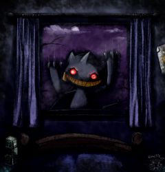 Rule 34 | absurdres, banette, bed, block (object), character name, cloud, commentary, creatures (company), creepy, curtains, dark, english commentary, evil smile, full moon, game freak, gen 3 pokemon, ghost, grin, highres, horror (theme), looking at viewer, moon, night, night sky, nintendo, pokedex number, pokemon, pokemon (creature), red eyes, scratching, sky, smile, solo, twime777, window