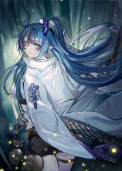 Rule 34 | 1girl, absurdres, arknights, black gloves, black shorts, blue eyes, blue hair, breasts, closed mouth, commentary request, earrings, echj, gloves, highres, jacket, jacket on shoulders, jewelry, ling (arknights), long hair, looking at viewer, looking back, medium breasts, pointy ears, ponytail, short shorts, shorts, smile, solo, very long hair, white jacket