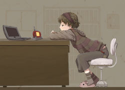 Rule 34 | 1girl, animal slippers, arched back, bored, bunny slippers, computer, hairband, handheld game console, hood, hoodie, keyboard (computer), laptop, nail polish, nekotama (pixiv34129), original, playstation portable, short hair, sitting, slippers, solo