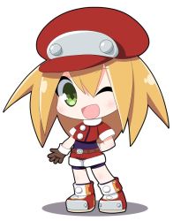 Rule 34 | 1girl, belt, bike shorts, blonde hair, brown gloves, cabbie hat, chibi, covered navel, cropped jacket, full body, gloves, green eyes, hat, jacket, long hair, looking at viewer, mega man (series), mega man legends (series), one eye closed, open mouth, osaragi mitama, red hat, red jacket, red shorts, roll caskett (mega man), short sleeves, shorts, simple background, smile, solo, white background