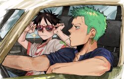 Rule 34 | 2boys, adjusting eyewear, black eyes, black hair, blue shirt, car, car interior, closed mouth, dark-skinned male, dark skin, earrings, facial scar, green hair, highres, jewelry, male focus, monkey d. luffy, motor vehicle, mouth hold, multiple boys, nsozp, one piece, profile, red-framed eyewear, roronoa zoro, scar, scar on cheek, scar on face, shirt, short hair, sideburns, single earring, sparkle, stalk in mouth, toned, toned male, upper body