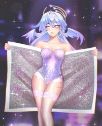 1girl albedo_(xieow) aqua_eyes bare_shoulders breasts collarbone commentary cosplay english_commentary garter_belt hair_between_eyes halo head_wings highres holding honkai:_star_rail honkai_(series) lace_garter_belt leotard looking_to_the_side purple_hair purple_leotard robin_(honkai:_star_rail) sabrina_carpenter sabrina_carpenter_(cosplay) smile solo strapless strapless_leotard wings