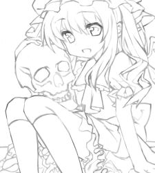 Rule 34 | 1girl, ascot, back bow, bow, collared shirt, denchu (kazudentyu), feet out of frame, flandre scarlet, frilled shirt collar, frilled skirt, frilled sleeves, frills, greyscale, hair between eyes, hat, highres, holding, holding skull, kneehighs, lineart, long hair, looking at viewer, making-of, mob cap, monochrome, open mouth, puffy short sleeves, puffy sleeves, shirt, short sleeves, sketch, skirt, skull, socks, solo, touhou, vest