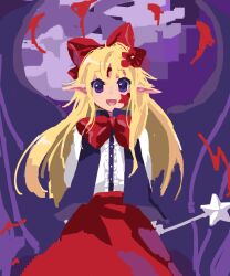 Rule 34 | 1girl, arms behind back, black jacket, blonde hair, center frills, commentary request, cowboy shot, elis (touhou), facial mark, flat chest, frills, hair ribbon, highres, holding, holding wand, jacket, kaigen 1025, long hair, long sleeves, looking at viewer, neck ribbon, open clothes, open jacket, pointy ears, purple eyes, red ribbon, red skirt, ribbon, shirt, sketch, skirt, solo, star (symbol), star facial mark, star wand, touhou, touhou (pc-98), wand, white shirt