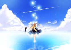 Rule 34 | 00s, 1girl, air (visual novel), barefoot, blonde hair, from behind, kamio misuzu, long hair, natsumikan, outstretched arms, ponytail, school uniform, solo, spread arms, wading, walking, walking on liquid, water