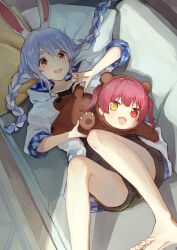 Rule 34 | 2girls, absurdres, aged down, animal costume, animal ear fluff, animal ears, bare legs, barefoot, bear costume, black shorts, blue hair, braid, couch, fang, feet, foot out of frame, from above, full body, hair between eyes, heterochromia, highres, hololive, hood, hood down, hooded jacket, houshou kumarine, houshou marine, indoors, jacket, knees up, legs, looking at viewer, lying, multiple girls, on back, on couch, open mouth, orange eyes, pillow, rabbit ears, rabbit girl, shadow, short eyebrows, short shorts, shorts, teeth, thick eyebrows, toenails, toes, twin braids, twintails, upper teeth only, usada pekora, virtual youtuber, white hair, white jacket, yami ara