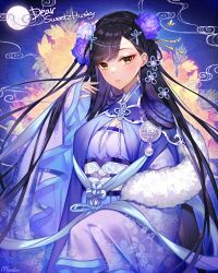 Rule 34 | 1girl, black hair, blush, breasts, cleavage, commission, commissioner name, floral background, floral print, flower, full moon, hagoromo, hair ornament, hand up, japanese clothes, kimono, large breasts, long hair, long sleeves, looking at viewer, moon, munlu (wolupus), obi, original, purple flower, purple kimono, purple rose, rose, sash, shawl, skeb commission, sleeves past wrists, solo, swept bangs, wide sleeves, yellow eyes