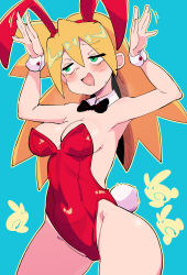 1girl absurdres animal_ears arms_up bare_shoulders blonde_hair blush breasts buzzlyears cleavage cowboy_shot fake_animal_ears fake_tail green_eyes highres leotard long_hair medium_breasts mega_man_(series) mega_man_legends_(series) playboy_bunny rabbit_ears rabbit_tail red_leotard roll_caskett_(mega_man) simple_background solo strapless strapless_leotard tail tears upper_body