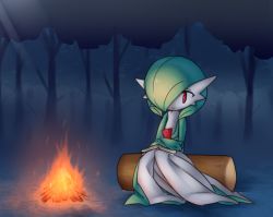 Rule 34 | 1girl, bob cut, book, campfire, closed mouth, colored skin, creatures (company), female focus, fire, flat chest, forest, full body, game freak, gardevoir, gen 3 pokemon, green hair, green skin, hair over one eye, happy, light rays, log, lotosu, multicolored skin, nature, night, nintendo, open book, outdoors, pokemon, pokemon (creature), red eyes, short hair, sitting, smile, solo, tree, two-tone skin, white skin