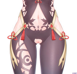 Rule 34 | 1girl, bar censor, black bodysuit, bodysuit, cameltoe, censored, crotch cutout, crotchless, crotchless bodysuit, genshin impact, gluteal fold, groin, highres, hip vent, lhp, lower body, navel, pussy, revealing clothes, shenhe (genshin impact), simple background, solo, stomach, straight-on, tassel, torn bodysuit, torn clothes, uncensored, white background
