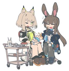 Rule 34 | 2girls, amiya (arknights), animal ears, arknights, bandages, black thighhighs, brown hair, cat ears, cat girl, coat, green eyes, grey hair, kal&#039;tsit (arknights), knifedragon, long hair, looking at another, multiple girls, nail polish, one eye closed, open mouth, rabbit ears, rabbit girl, short hair, simple background, thighhighs, white background