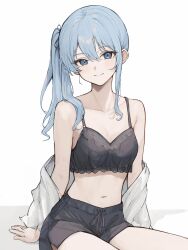 Rule 34 | 1girl, arm support, bare shoulders, black camisole, black shorts, blue eyes, blue hair, blush, breasts, camisole, closed mouth, commentary, hair between eyes, highres, hololive, hoshimachi suisei, karyln, light blue hair, light blush, midriff, navel, off shoulder, short shorts, shorts, side ponytail, sidelocks, simple background, sitting, small breasts, smile, solo, symbol-only commentary, virtual youtuber, white background