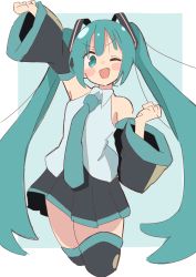 Rule 34 | 1girl, ;d, absurdres, arm up, black skirt, black sleeves, black thighhighs, blush, border, clenched hands, commentary, cowboy shot, detached sleeves, dot nose, fist pump, green background, green eyes, green hair, green necktie, grey shirt, hatsune miku, highres, n40a1, necktie, one eye closed, open mouth, shirt, sidelocks, simple background, skirt, sleeveless, sleeveless shirt, smile, solo, thighhighs, twintails, vocaloid