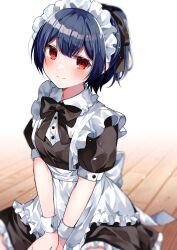 Rule 34 | 1girl, apron, beeftanizoko, black bow, black bowtie, black dress, black ribbon, blue hair, blurry, blurry background, blush, bow, bowtie, breasts, closed mouth, dot nose, dress, frilled apron, frilled dress, frills, hair between eyes, hair ribbon, highres, idolmaster, idolmaster shiny colors, looking at viewer, maid, maid apron, maid headdress, morino rinze, ponytail, red eyes, ribbon, short hair, short sleeves, sitting, small breasts, smile, solo, white apron, white wrist cuffs, wooden floor, wrist cuffs