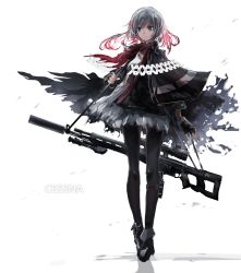 Rule 34 | 1girl, bipod, black gloves, black pantyhose, blue eyes, capelet, character name, closed mouth, dress, expressionless, fingerless gloves, full body, gloves, gradient hair, grey background, grey dress, grey hair, gun, gun sling, highres, long hair, looking to the side, multicolored hair, original, pantyhose, pink hair, rifle, scope, simple background, sniper rifle, solo, standing, swav, tosk (swav-coco), weapon