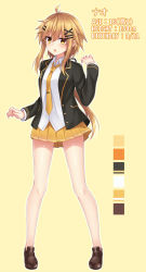 Rule 34 | 1girl, :o, beige background, black jacket, blazer, blush, brown eyes, brown footwear, character name, character profile, character request, collared shirt, color guide, full body, hair between eyes, hair ornament, hairclip, highres, jacket, komori kuzuyu, legs apart, light brown hair, loafers, long hair, long sleeves, looking at viewer, necktie, no socks, open clothes, open jacket, open mouth, orange necktie, orange skirt, original, outline, pleated skirt, shirt, shoes, simple background, skirt, solo, standing, translation request, very long hair, white outline, white shirt, x hair ornament, yellow background
