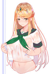 Rule 34 | 1girl, alternate costume, black sailor collar, blonde hair, breasts, brown eyes, embarrassed, gem, headpiece, large breasts, light frown, long hair, looking at viewer, mythra (xenoblade), navel, neckerchief, nintendo, no bra, panties, revision, ribbon, sailor collar, see-through, shirt, short sleeves, side-tie panties, solo, stomach, swept bangs, tearing up, tears, two-tone background, underwear, upper body, wavy mouth, wet, wet clothes, wet shirt, white ribbon, white shirt, xenoblade chronicles (series), xenoblade chronicles 2, xiaoshou xiansheng