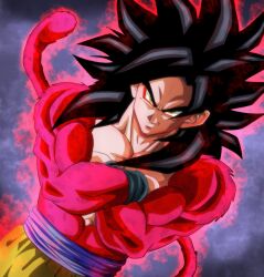 Rule 34 | 1boy, absurdres, black hair, body fur, closed mouth, crossed arms, dragon ball, dragon ball gt, highres, looking at viewer, male focus, monkey boy, monkey tail, muscular, muscular male, no nipples, pectorals, red fur, saiyan, smirk, son goku, spiked hair, super saiyan, super saiyan 4, tail, ushi (akabec0), yellow eyes