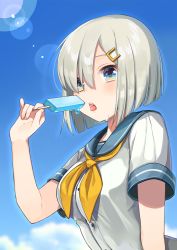 Rule 34 | 10s, 1girl, arched back, bad id, bad pixiv id, blue eyes, blue sky, blush, breasts, buttons, cloud, day, food, hair ornament, hair over one eye, hairclip, hamakaze (kancolle), ice cream, kantai collection, large breasts, looking at viewer, melting, no gloves, popsicle, school uniform, serafuku, shigure ui, short hair, short sleeves, silver hair, sky, solo, sweat, upper body