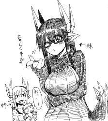 Rule 34 | 1boy, 2girls, arm under breasts, black hair, black sclera, black wings, breasts, colored sclera, demon boy, demon girl, demon horns, demon wings, glasses, gospel (mazohaha), greyscale, highres, horns, ink (medium), large breasts, long hair, looking at viewer, lorem (mazohaha), merii (mazohaha), monochrome, mother and child, mother and son, multiple girls, musuko ga kawaikute shikatanai mazoku no hahaoya, one eye closed, parent and child, pointy ears, ribbed sweater, saliva, sharp teeth, siblings, sisters, sketch, speech bubble, sweater, teeth, traditional media, wings, zyugoya