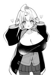 Rule 34 | 1girl, ahoge, alternate breast size, ba hezhi feng, beads, breasts, cardigan, cleavage, collarbone, commentary, english commentary, gigantic breasts, greyscale, hair beads, hair ornament, heart, heart-shaped pupils, highres, jacket, medium hair, millie parfait, monochrome, nijisanji, nijisanji en, pantyhose, paw pose, skirt, solo, symbol-shaped pupils, virtual youtuber
