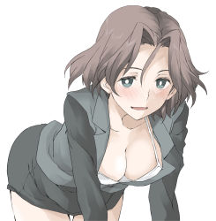 Rule 34 | 1girl, azumi (girls und panzer), black jacket, black skirt, blue eyes, blush, bra, breasts, bright pupils, brown hair, cleavage, commentary, downblouse, elf (stroll in the woods), girls und panzer, jacket, leaning forward, long sleeves, looking at viewer, military, military uniform, miniskirt, no shirt, open mouth, parted bangs, partially unbuttoned, pencil skirt, selection university military uniform, short hair, simple background, skirt, smile, solo, textless version, underwear, uniform, white background, white bra, white pupils
