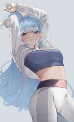 Rule 34 | 1girl, absurdres, blue background, blue eyes, blue hair, blue nails, blue shirt, blurry, blurry background, cowboy shot, cropped shirt, drawstring, gradient background, half-closed eyes, hashtag-only commentary, highres, hololive, hololive indonesia, hood, hood down, hoodie, kobo kanaeru, kobo kanaeru (1st costume), long hair, looking at viewer, midriff, multicolored hair, navel, pants, parted lips, sasa ku86, shirt, simple background, solo, tight clothes, tight pants, two-tone hair, variant set, virtual youtuber, white background, white hair, white hoodie, white pants