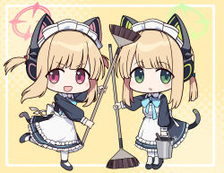 Rule 34 | 2girls, :d, :o, animal ear headphones, animal ears, apron, bell (oppore coppore), black dress, black footwear, blonde hair, blue archive, blue bow, bow, broom, brown background, bucket, chibi, collared dress, commentary request, dress, fake animal ears, frilled apron, frills, hair bow, halftone, halftone background, halo, headphones, highres, holding, holding broom, holding bucket, long sleeves, maid, maid apron, maid headdress, midori (blue archive), midori (maid) (blue archive), momoi (blue archive), momoi (maid) (blue archive), multiple girls, open mouth, pantyhose, parted lips, pink eyes, puffy long sleeves, puffy sleeves, red bow, shoes, siblings, sisters, smile, standing, standing on one leg, tail, twins, twintails, white apron, white pantyhose