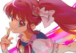 Rule 34 | 1girl, absurdres, aino megumi, brooch, cure lovely, hair ornament, happinesscharge precure!, heart, heart brooch, heart hair ornament, highres, jewelry, long hair, magical girl, pink eyes, pink hair, ponytail, precure, puffy short sleeves, puffy sleeves, shipu (gassyumaron), short sleeves, smile, solo, wide ponytail