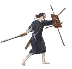 Rule 34 | 1boy, barefoot, black hair, blue eyes, dagger, from side, highres, holding, holding shield, holding sword, holding weapon, javelin (spear), knife, male focus, medium hair, mossacannibalis, original, picts, profile, robe, sash, scabbard, sheath, shield, simple background, solo, sword, tattoo, weapon, white background