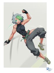 Rule 34 | 1girl, aqua eyes, black gloves, black leotard, clenched hand, difman, fingerless gloves, framed, full body, gloves, green hair, grey hair, grey pants, heattech leotard, highres, jumping, leotard, looking at viewer, multicolored hair, open mouth, original, pants, shoes, signature, simple background, smile, sneakers, solo, streaked hair, toned, turtleneck