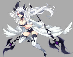 Rule 34 | 1girl, absol, bad id, bad nicoseiga id, black hair, breasts, cleavage, creatures (company), dual wielding, game freak, gen 3 pokemon, hair over one eye, holding, long hair, merlusa, multicolored hair, nintendo, personification, pokemon, red eyes, scar, solo, staff, thighhighs, two-tone hair, white hair