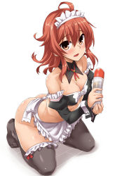 Rule 34 | 1girl, ahoge, apron, arashi (kancolle), ass, black thighhighs, blush, breasts, brown eyes, cleavage, commentary request, detached collar, detached sleeves, frilled thighhighs, frills, full body, highres, kantai collection, kneeling, looking at viewer, lotion bottle, maid apron, maid headdress, medium breasts, no panties, open mouth, red hair, short hair, solo, thighhighs, wrist cuffs, yoshi tama