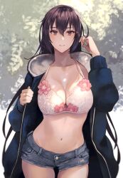 Rule 34 | 1girl, adjusting hair, alternate costume, black hair, blue jacket, bra, breasts, brown eyes, cleavage, collarbone, commentary request, denim, denim shorts, hair between eyes, highres, hood, hood down, hooded jacket, jacket, kantai collection, kasumi (skchkko), large breasts, long hair, long sleeves, looking at viewer, nagato (kancolle), navel, open clothes, open jacket, parted lips, shorts, smile, solo, stomach, torn clothes, torn shorts, underwear, white bra
