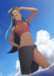 Rule 34 | 1girl, abs, bare arms, black hair, black sarong, blue eyeshadow, blue hair, closed mouth, cloud, commentary request, creatures (company), dark-skinned female, dark skin, day, earclip, earrings, eyelashes, eyeshadow, from below, game freak, hair bun, hand on own hip, hand up, highres, hoop earrings, jewelry, long hair, looking at viewer, makeup, midriff, multicolored hair, navel, nessa (pokemon), nintendo, one eye closed, outdoors, pokemon, pokemon: twilight wings, putcher, red shirt, sarong, shirt, sidelocks, single hair bun, sky, sleeveless, sleeveless shirt, solo, standing, toned, two-tone hair, wading, water, watermark, web address